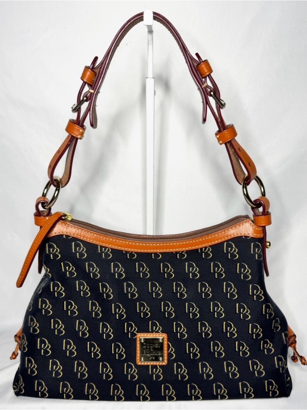 Dooney & Bourke Navy and Tan Logo-Print Shoulder Bag